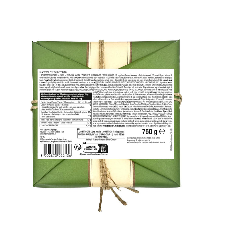 Chiostro Di Saronno Panettone with Pears and Chocolate - Hand wrapped - 750g