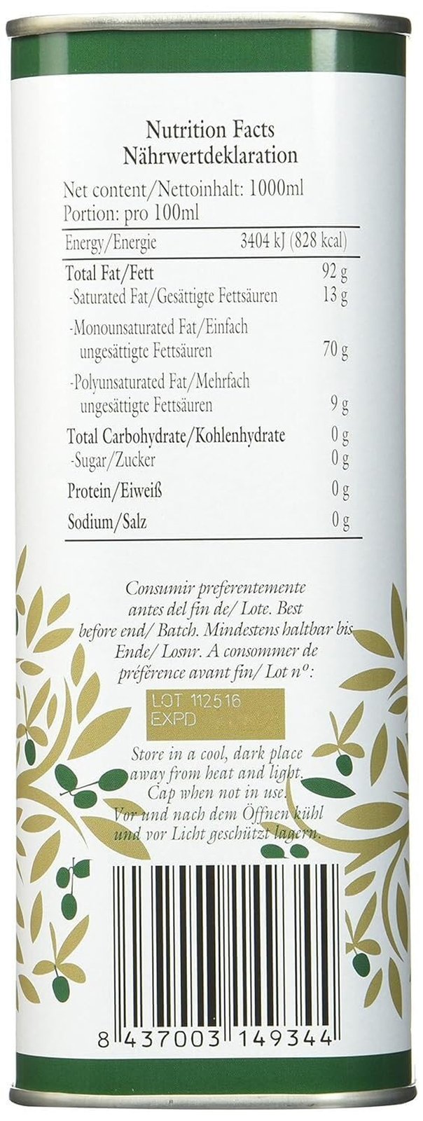 O-Med Arbequina Extra Virgin Olive Oil - 1000 ML (33.8 Fl Oz)