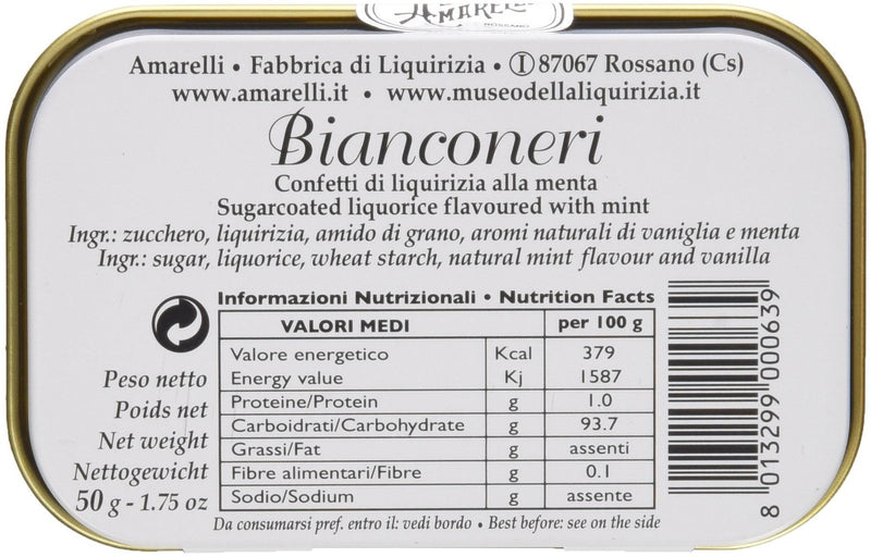 Amarelli Bianconeri - Mint & Vanilla Flavoured Sugar Coated Licorice - 50g Tin