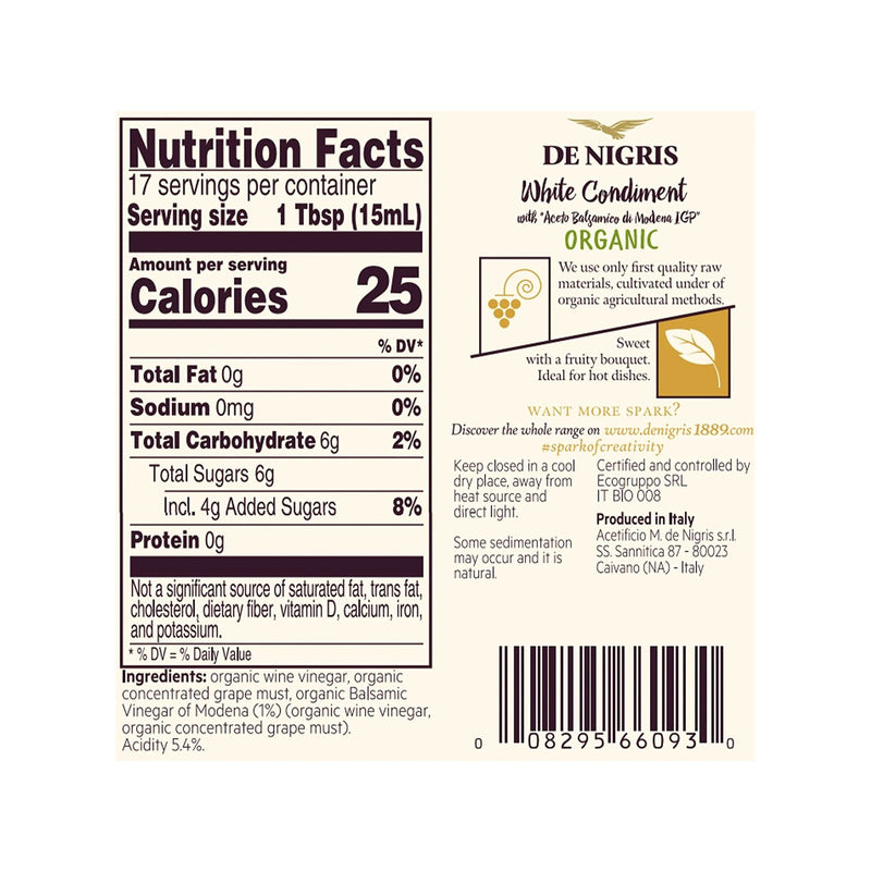 De Nigris Premium Organic White Wine Vinegar With Balsamic Vinegar Of Modena ...