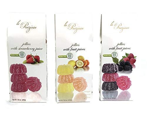 Le Preziose Gourmet Italian Fruit Jelly Sweets with Fruit -Variety of 3- Orange Lemon, Berry Raspberry, and Strawberry. ( 3 Items) Made in Italy