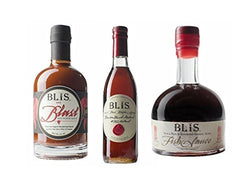 BliS Variety Pack includes Pure Bourbon Maple Syrup, Blast Hot Pepper Sauce, Barrel Aged Fish Sauce