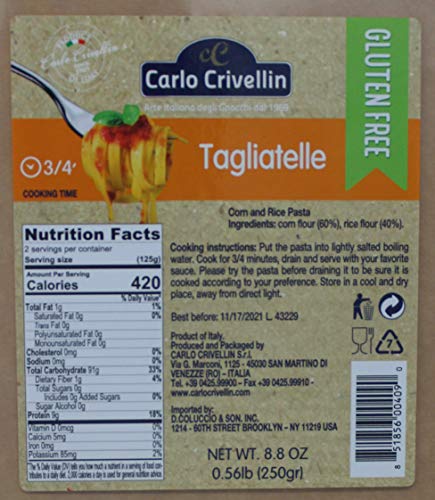 2 PACK - GLUTEN FREE - DELICIOUS Tagliatelle Pasta from Italy by Carlo Crivellin - 60% Corn Flour, 40% Rice Flour - NON GMO 8.8 oz by Carlo Crivellin