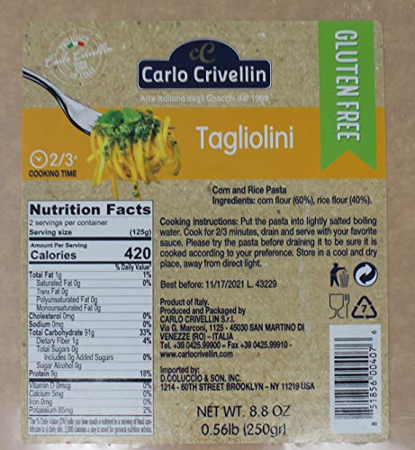 2 PACK - GLUTEN FREE - DELICIOUS Tagliolini Pasta from Italy by Carlo Crivellin - 60% Corn Flour, 40% Rice Flour - NON GMO 8.8 oz